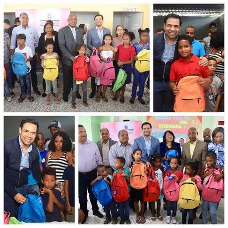 roberto salcedo mi hijo repartiendo mochilas compradas con su dinero